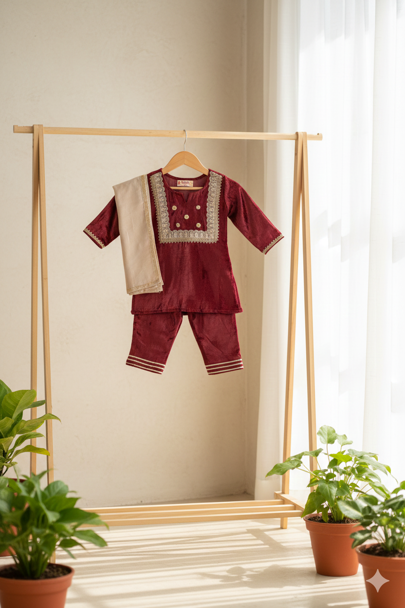 Girls Maroon Velvet Kurti with Velvet Pant and Dupatta (3 Piece)
