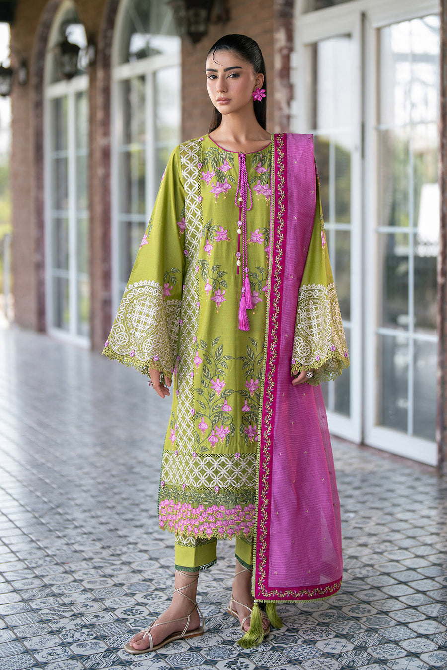 Lime Zest – Premium Embroidered Lime Green & Magenta 3-Piece Festive Lawn Suit - Pehnaawaa