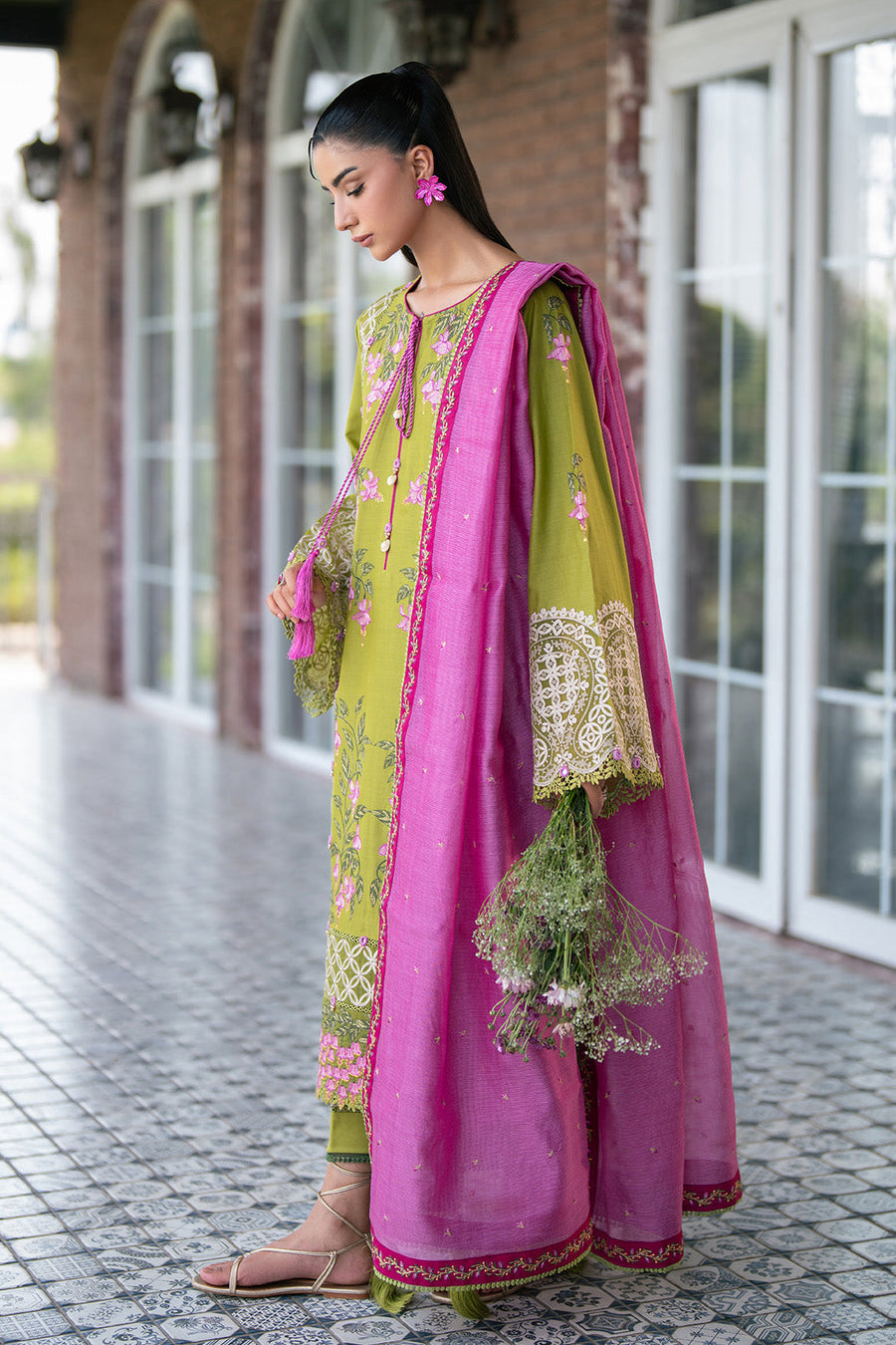 Lime Zest – Premium Embroidered Lime Green & Magenta 3-Piece Festive Lawn Suit - Pehnaawaa