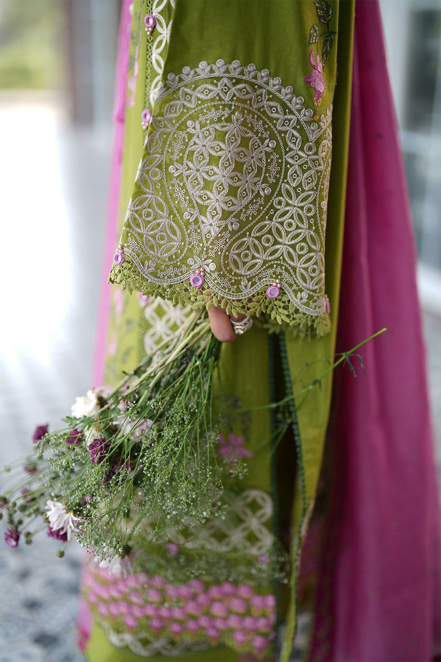 Lime Zest – Premium Embroidered Lime Green & Magenta 3-Piece Festive Lawn Suit - Pehnaawaa