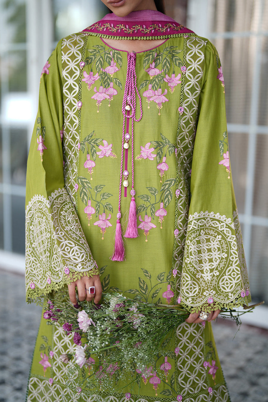 Lime Zest – Premium Embroidered Lime Green & Magenta 3-Piece Festive Lawn Suit - Pehnaawaa