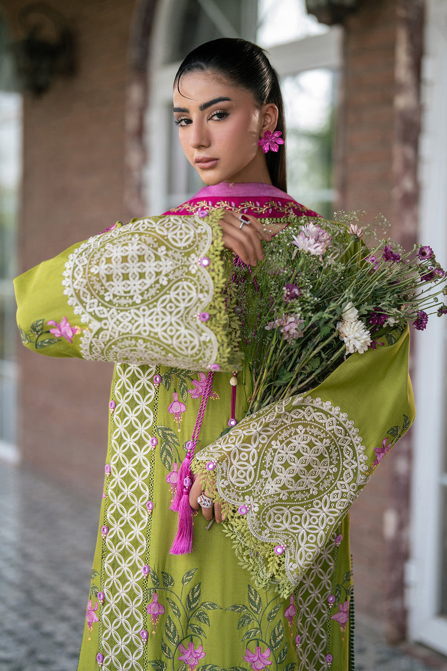 Lime Zest – Premium Embroidered Lime Green & Magenta 3-Piece Festive Lawn Suit - Pehnaawaa