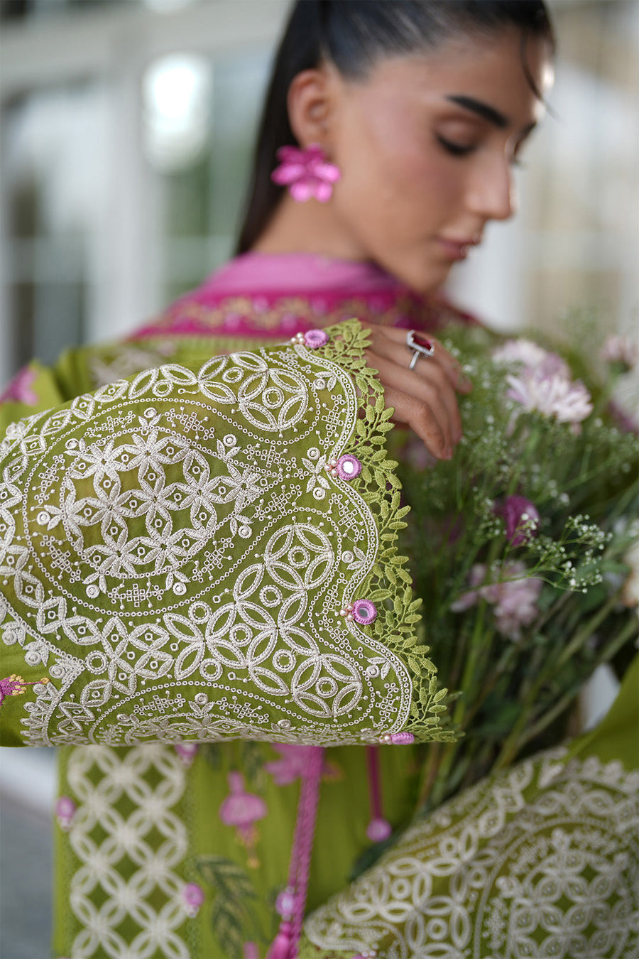 Lime Zest – Premium Embroidered Lime Green & Magenta 3-Piece Festive Lawn Suit - Pehnaawaa