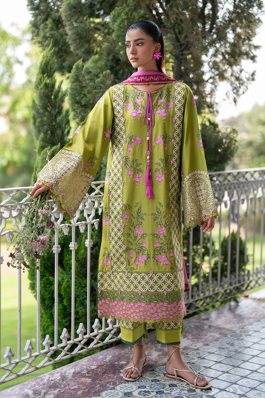Lime Zest – Premium Embroidered Lime Green & Magenta 3-Piece Festive Lawn Suit - Pehnaawaa