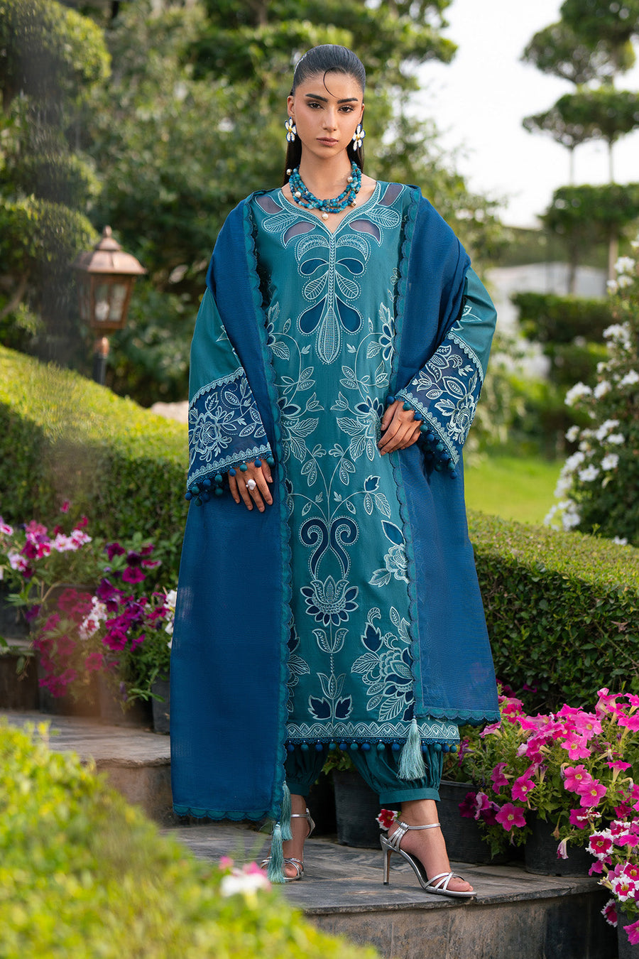 Front view close-up of the lawn suit showcasing detailed floral embroidery and matching accessories