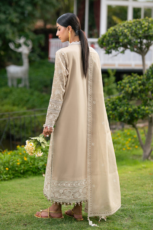Back view showing plain dyed lawn back and embroidered border on sleeves and hem