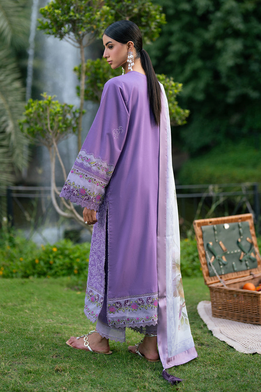 Back view of purple lawn suit with plain dyed lawn and embroidered hem