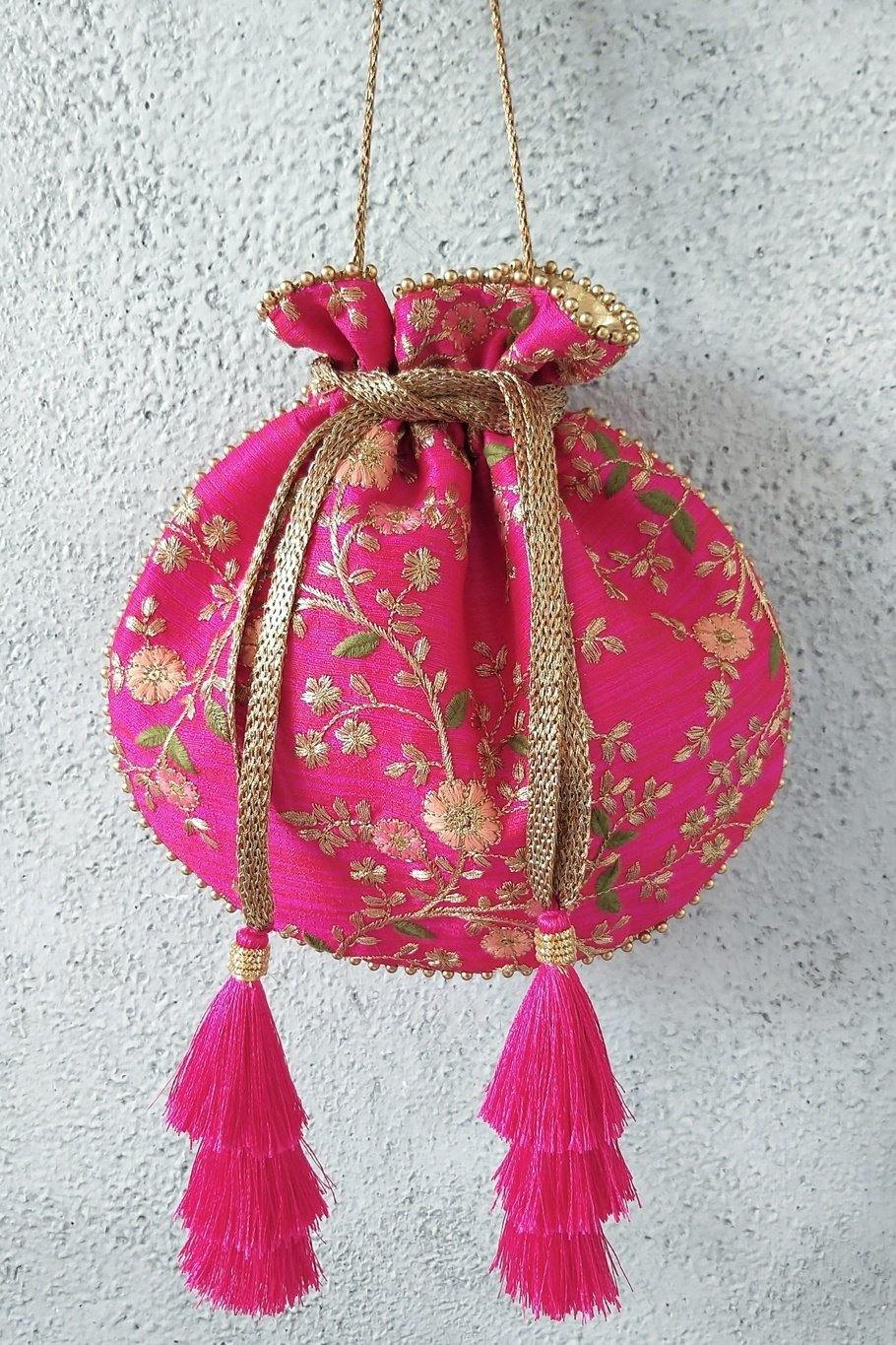 Floral Creeper Pink Potli Bag