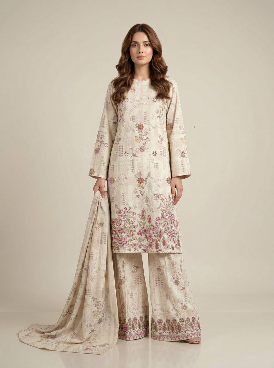 Cream Floral Chikankari Lawn Suit with Dupatta – 3PC Embroidered Dress