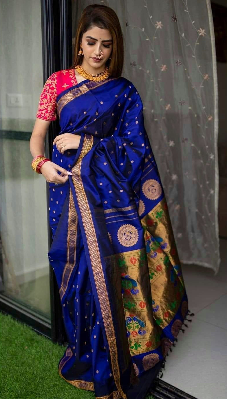 Designer Royal Blue Paithani Silk Saree With Flameboyant Blouse Piece - Pehnaawaa