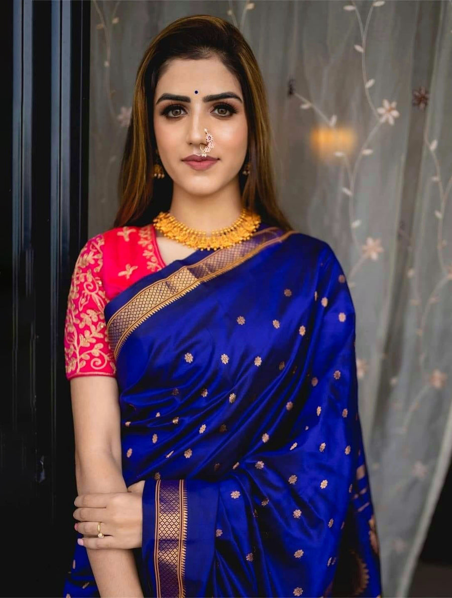 Designer Royal Blue Paithani Silk Saree With Flameboyant Blouse Piece - Pehnaawaa