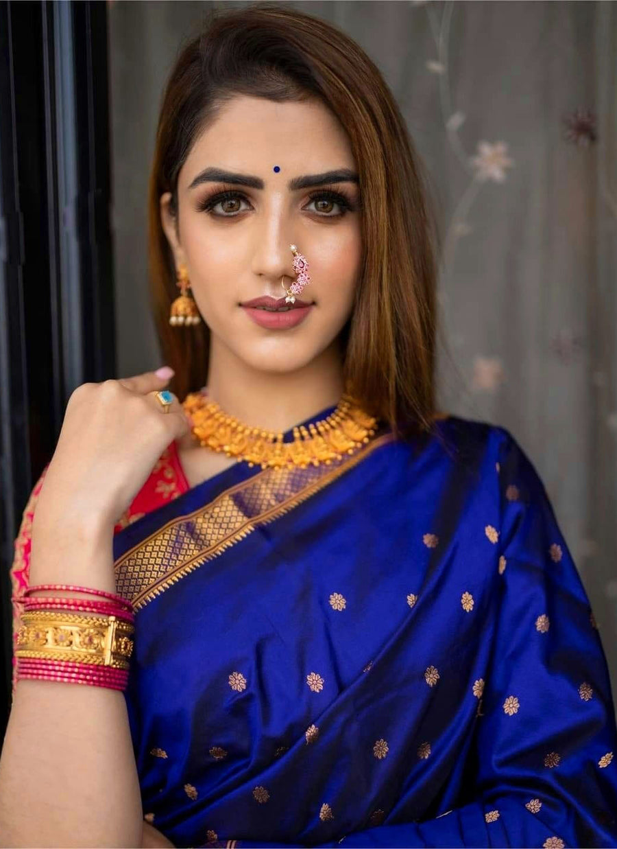 Designer Royal Blue Paithani Silk Saree With Flameboyant Blouse Piece - Pehnaawaa