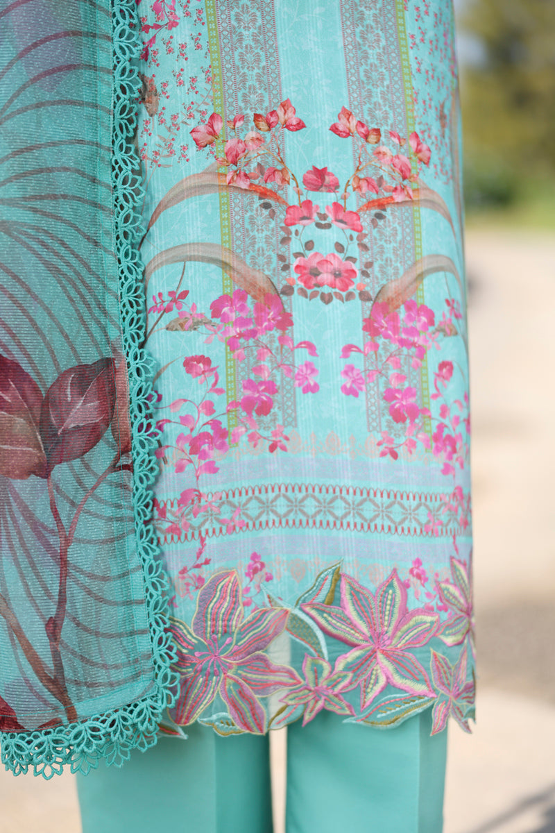 Aster Aqua Printed Lawn Suit with Voil Dupatta