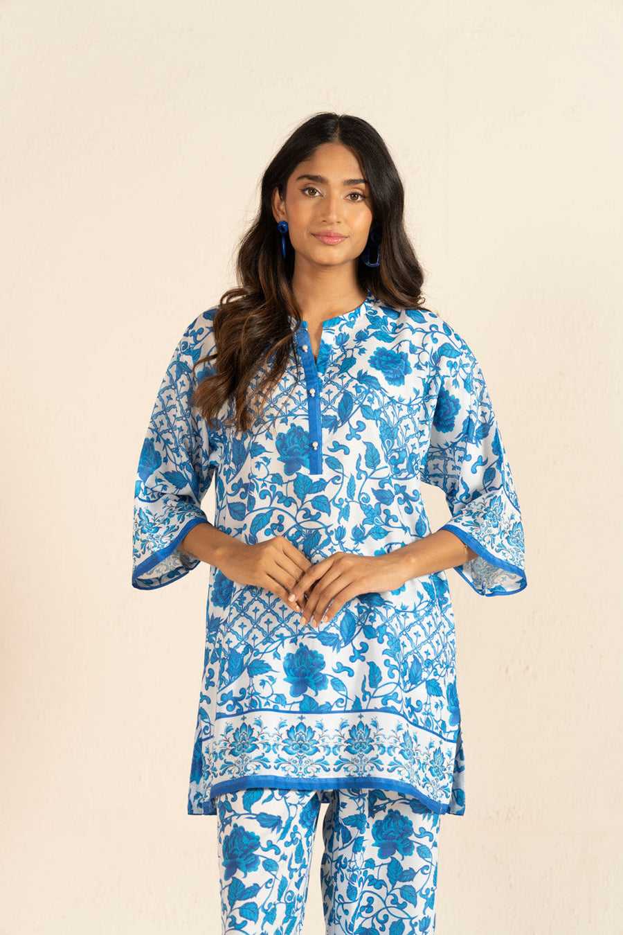 Teal Floral Poly Lawn 2-Piece Suit | Indigo Border Detail