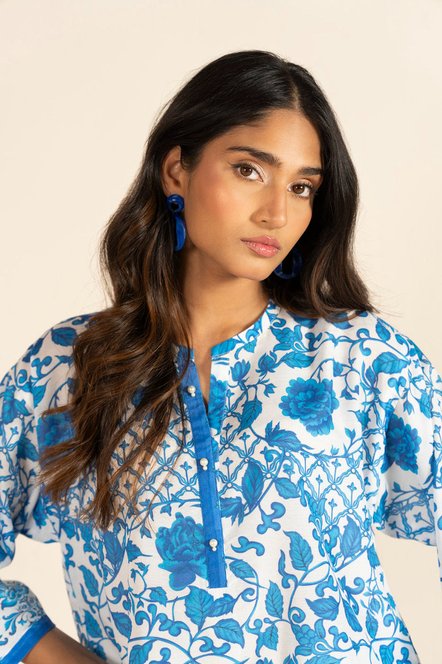 Teal Floral Poly Lawn 2-Piece Suit | Indigo Border Detail