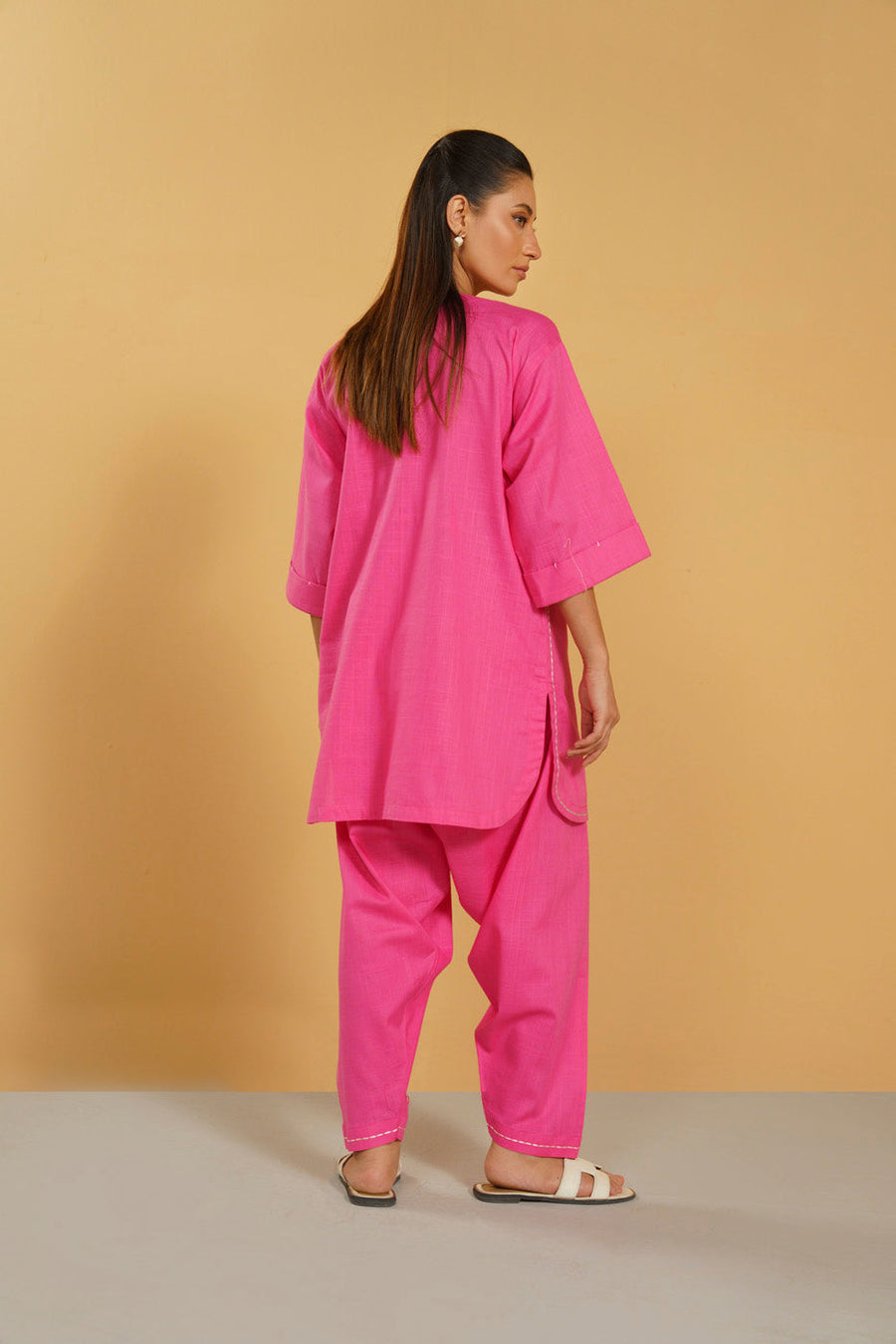 Magenta Linen 2-Piece Suit | Henley Neckline Culotte Set