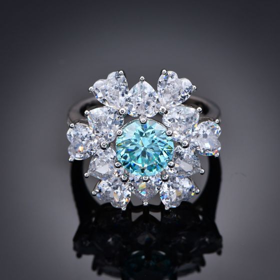 Beautiful 8mm Paraiba Emerald Created High Carbon Diamond CZ 925 Sterling Silver Ring