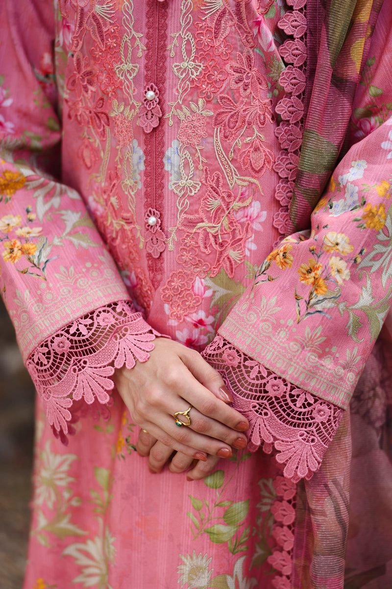 Blush Pink Printed Satin Stripe Lawn Suit with Voil Dupatta