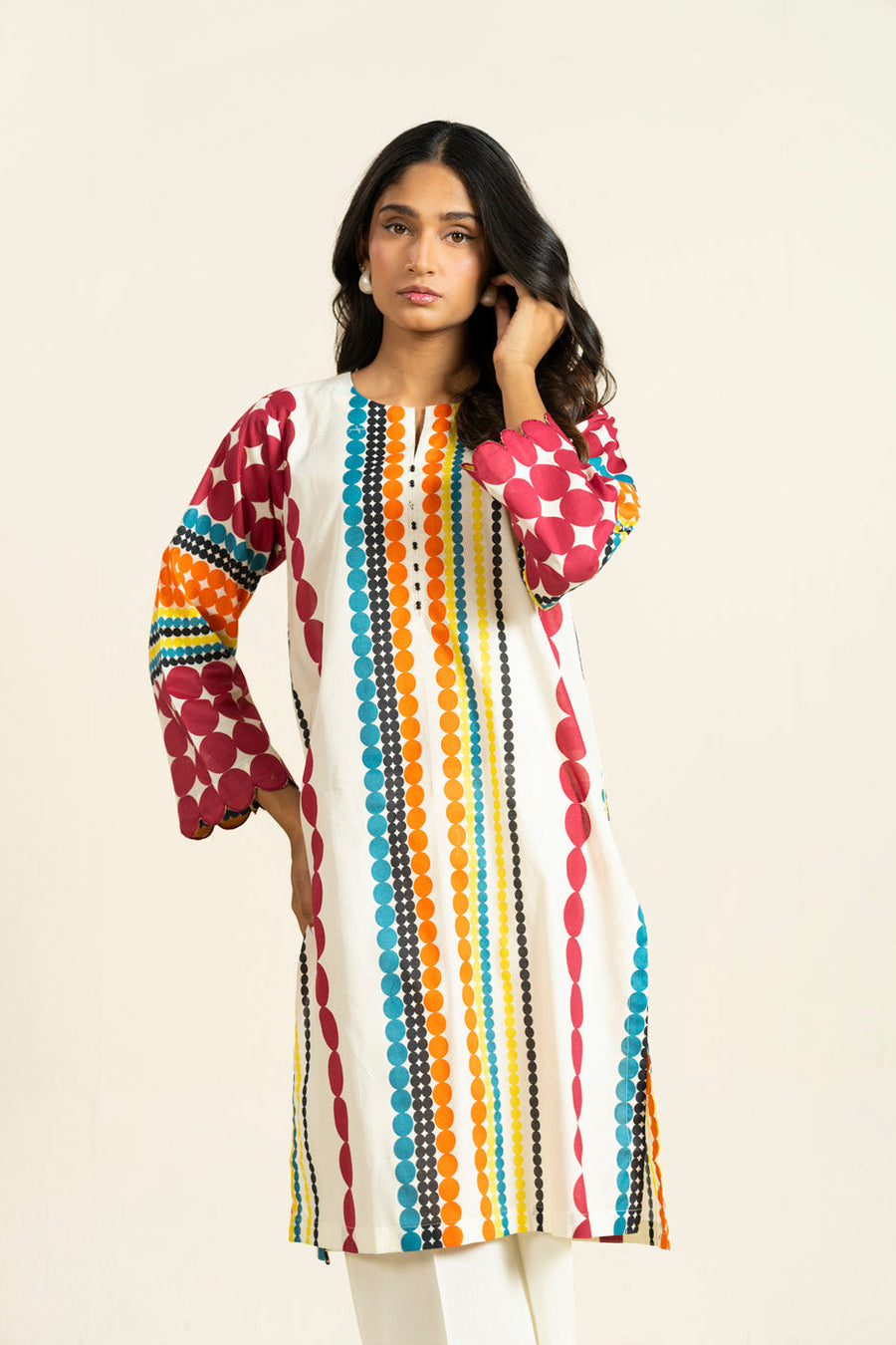 Ivory Cambric 2-Piece Kurti Set | Geometric Dot Print