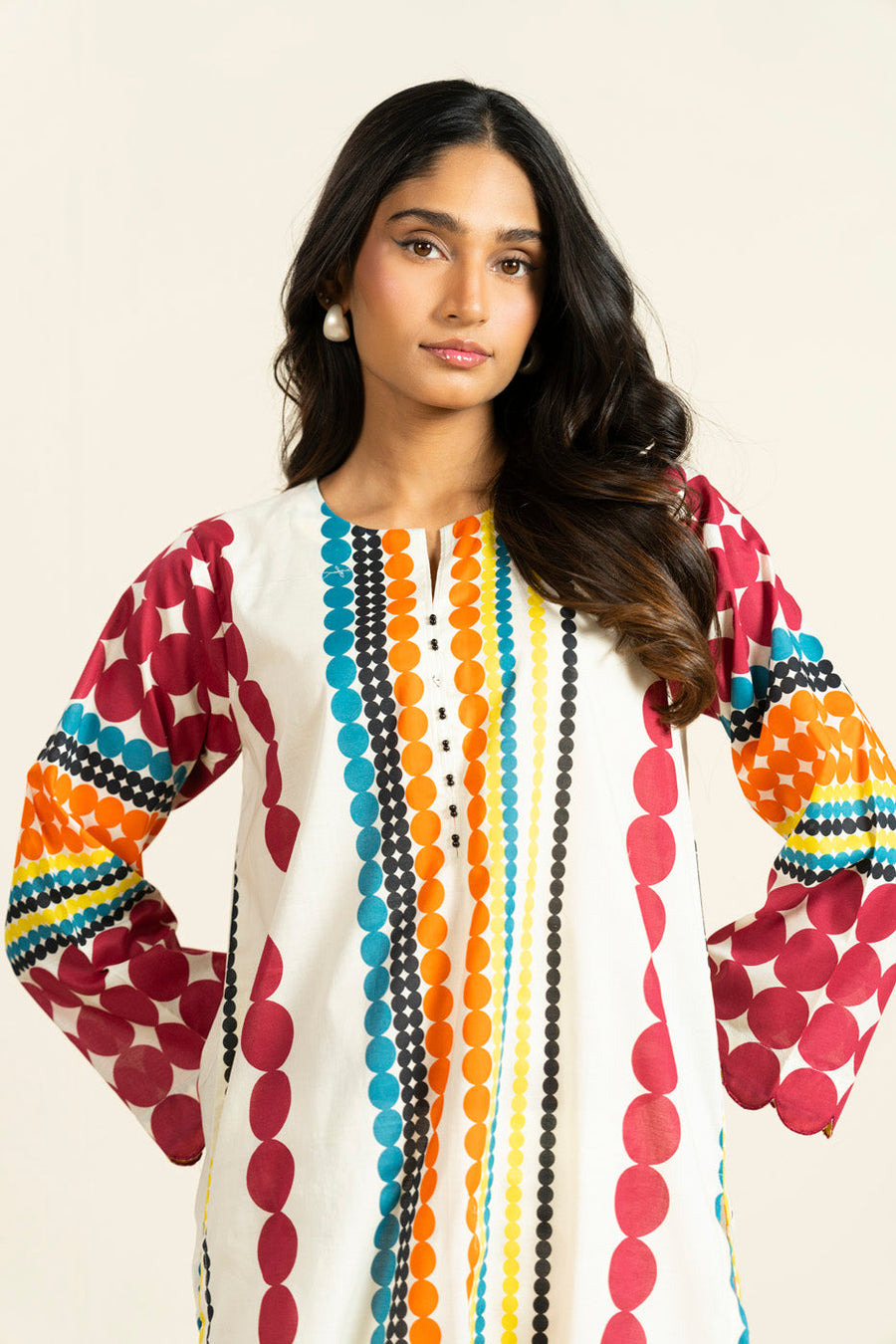 Ivory Cambric 2-Piece Kurti Set | Geometric Dot Print
