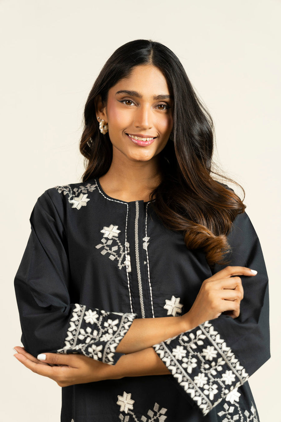 Midnight Cambric 2-Piece Suit | Floral Resham Embroidery