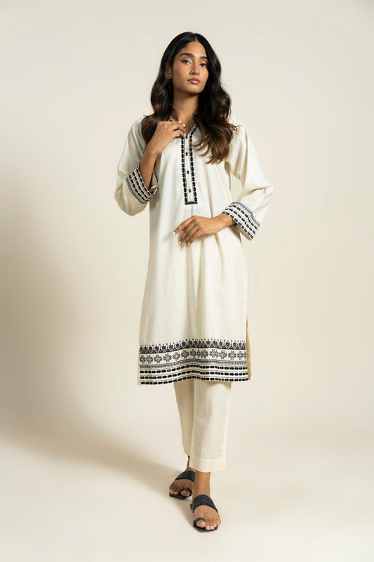 Ivory Dobby 2-Piece Salwar Kameez | Schiffli Border - Pehnaawaa