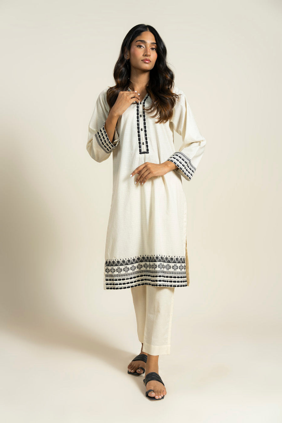 Ivory Dobby 2-Piece Salwar Kameez | Schiffli Border