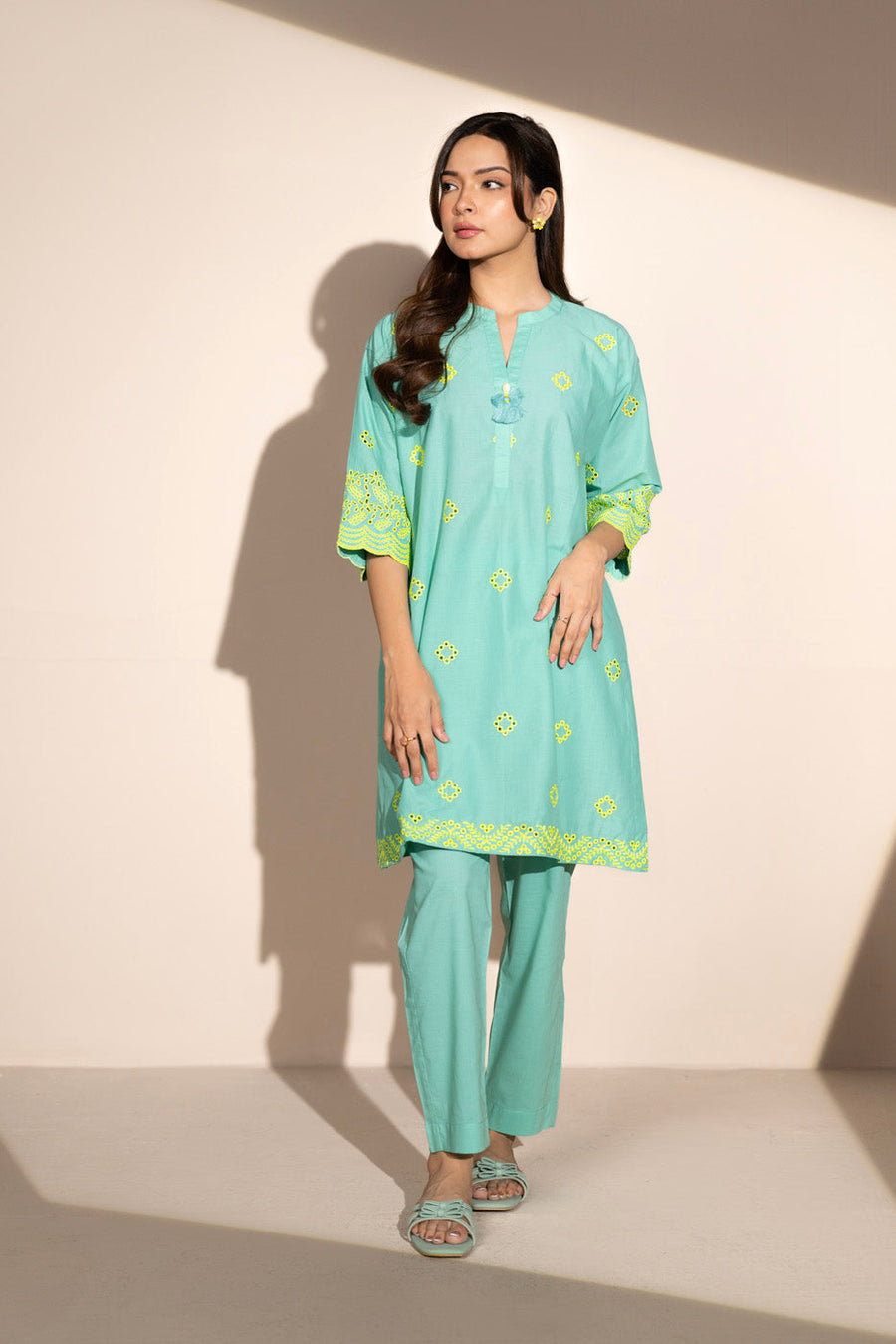 Sage Green Cambric 2-Piece Suit | Zardosi Floral Motifs