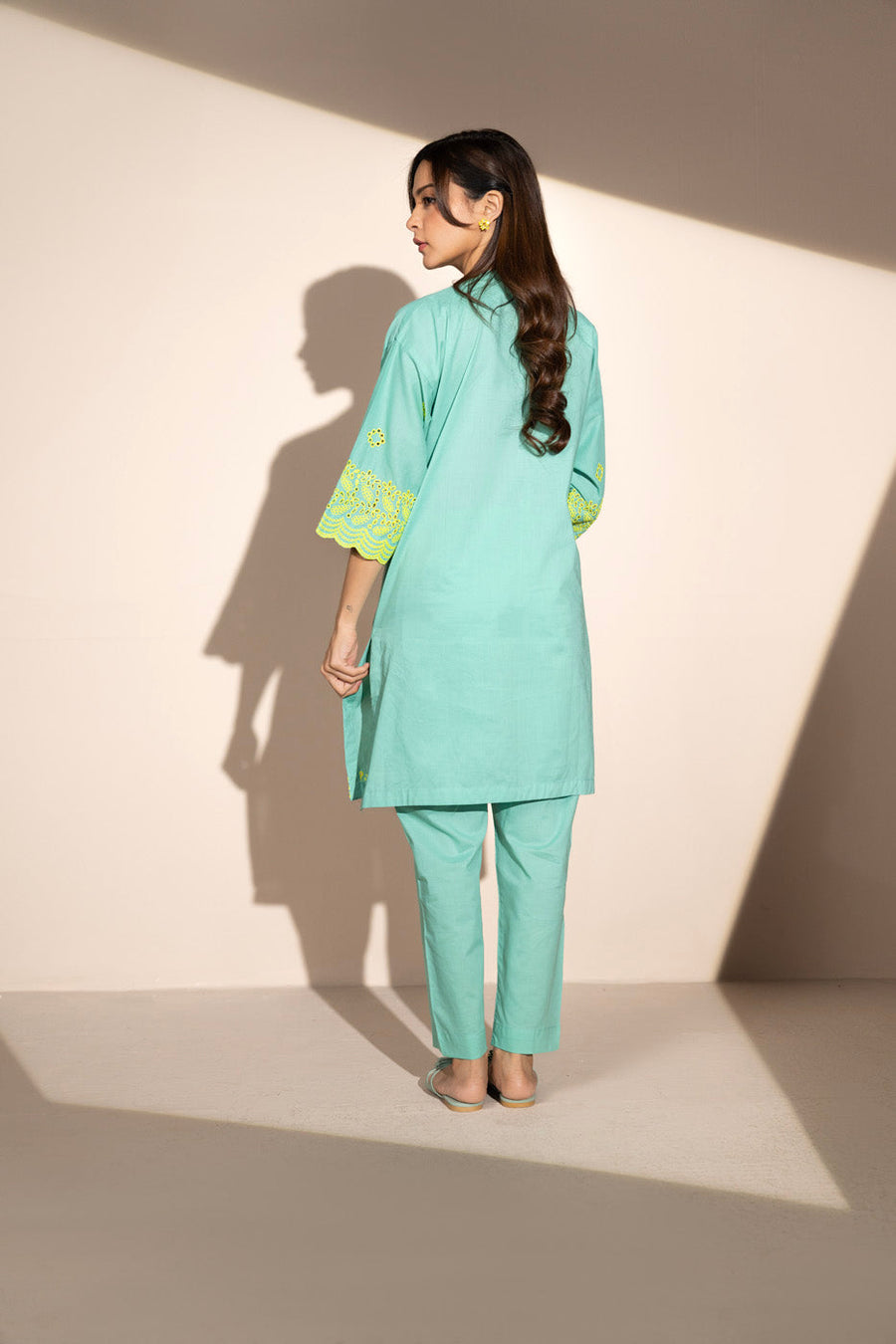 Sage Green Cambric 2-Piece Suit | Zardosi Floral Motifs