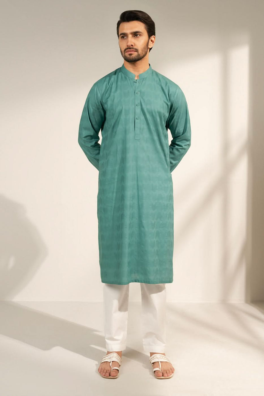 Sage Linen 2-Piece Kurta Set | Band Collar Minimalist