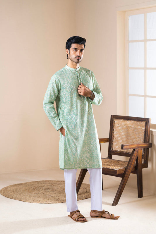 Sage Green Jacquard Kurta with Band Collar | 2-Piece