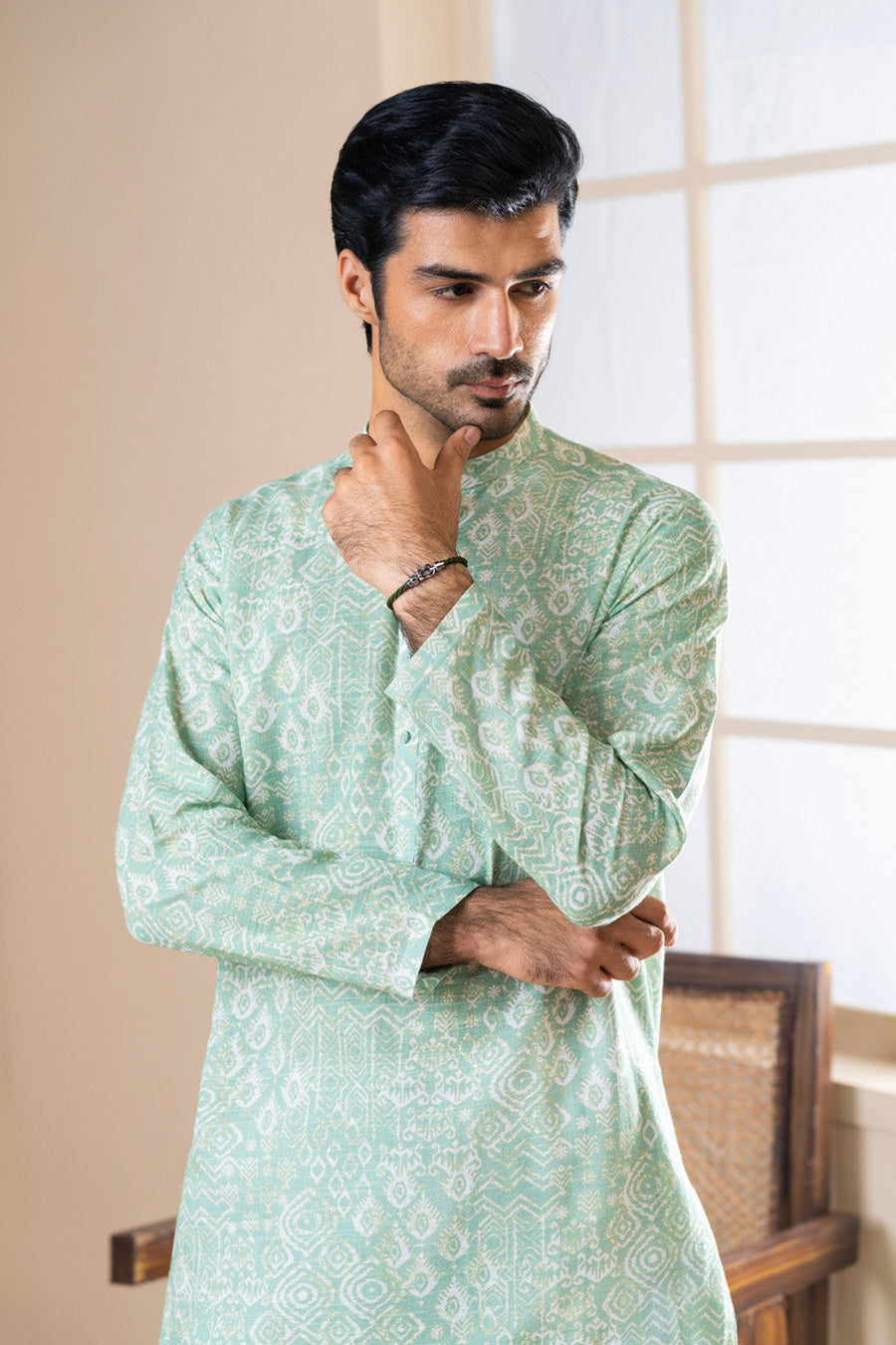 Sage Green Jacquard Kurta with Band Collar | 2-Piece