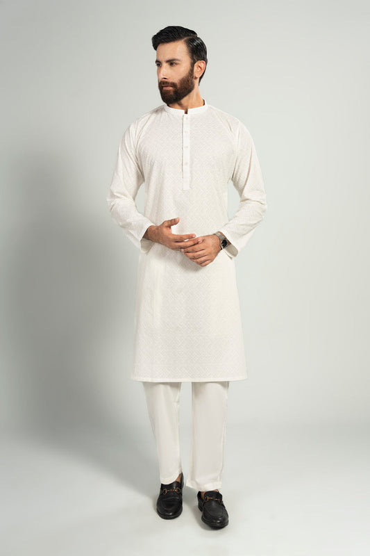 Ivory Blended Fabric 2-Piece Kurta | Minimalist Bend Collar