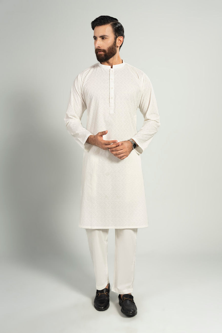 Ivory Blended Fabric 2-Piece Kurta | Minimalist Bend Collar