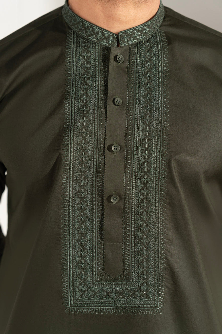 Sage Green Cotton 2-Piece Kurta Set | Resham Embroidered Placket