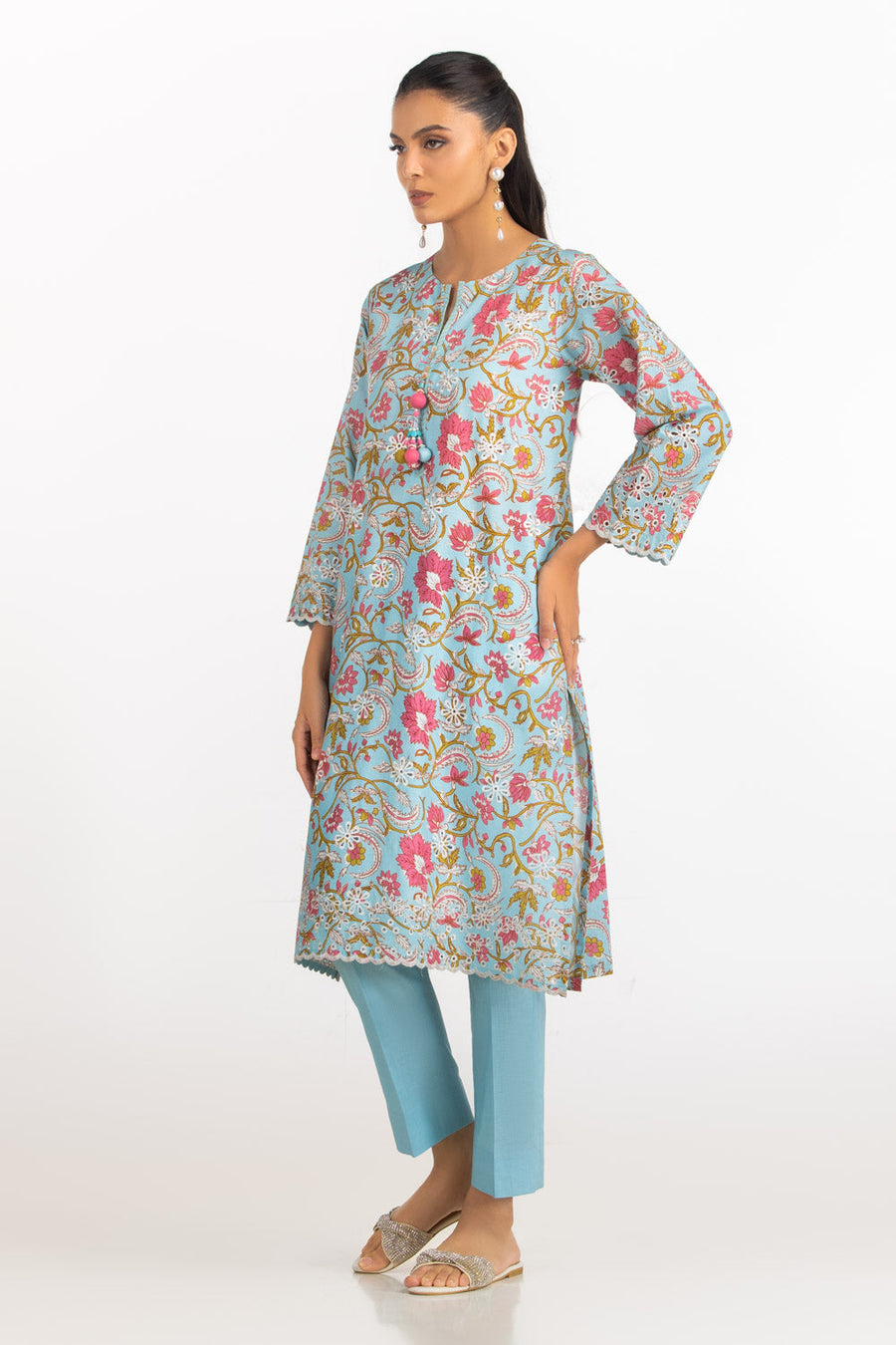 Blue Floral Embroidered Summer Co-Ord Set - Pehnaawaa