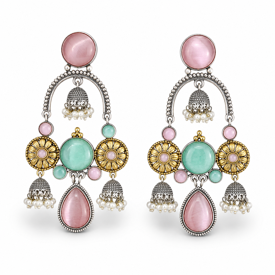 Pastel Mint & Blush Dual-Tone Jhumka Chandelier Earrings
