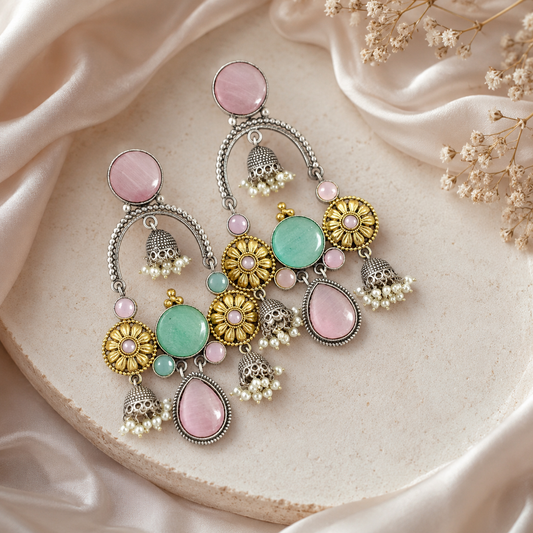 Pastel Mint & Blush Dual-Tone Jhumka Chandelier Earrings