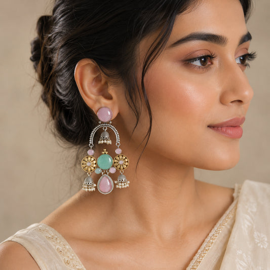 Pastel Mint & Blush Dual-Tone Jhumka Chandelier Earrings