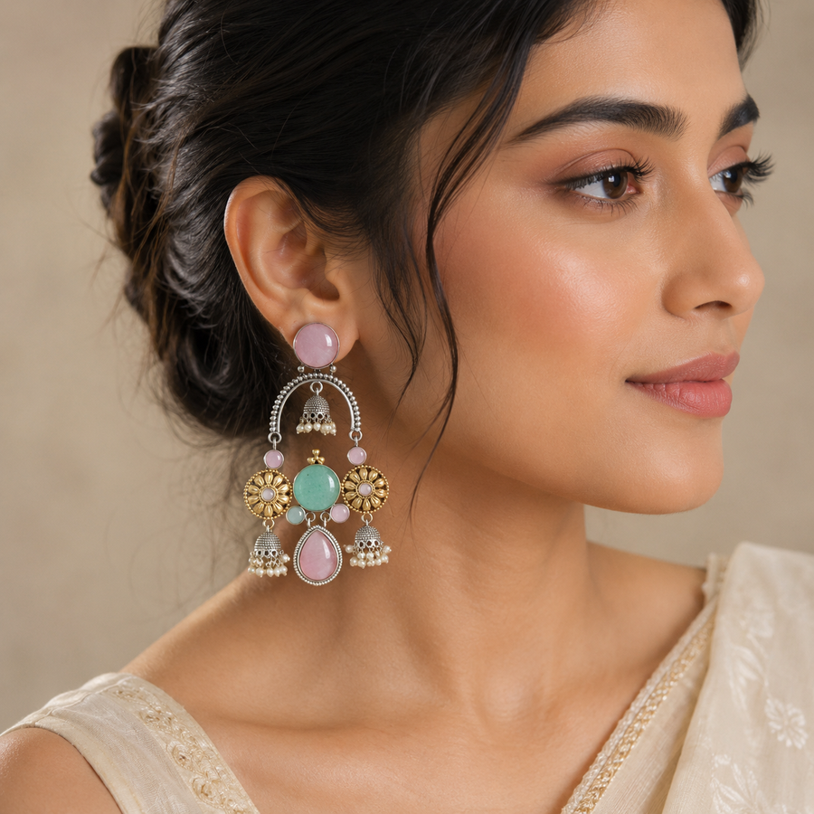 Pastel Mint & Blush Dual-Tone Jhumka Chandelier Earrings