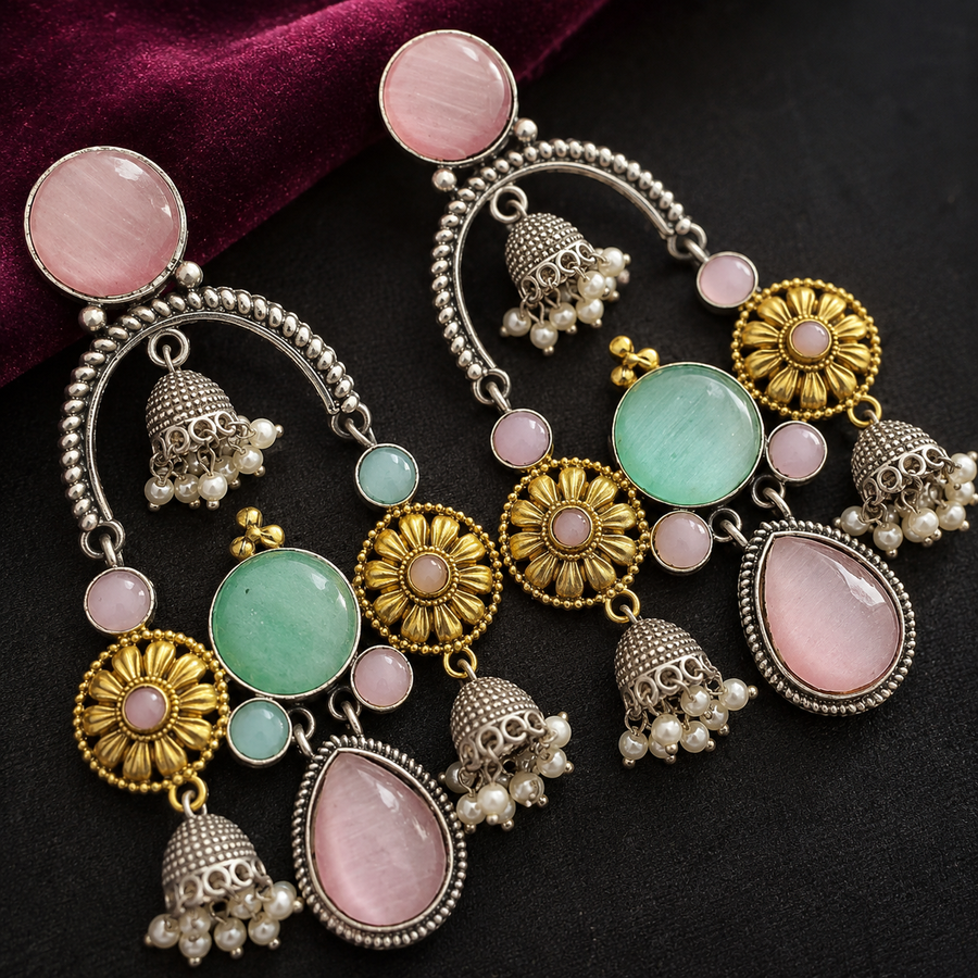 Pastel Mint & Blush Dual-Tone Jhumka Chandelier Earrings