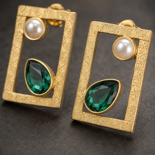 Emerald Green Kundan Pearl Geometric Gold Earrings