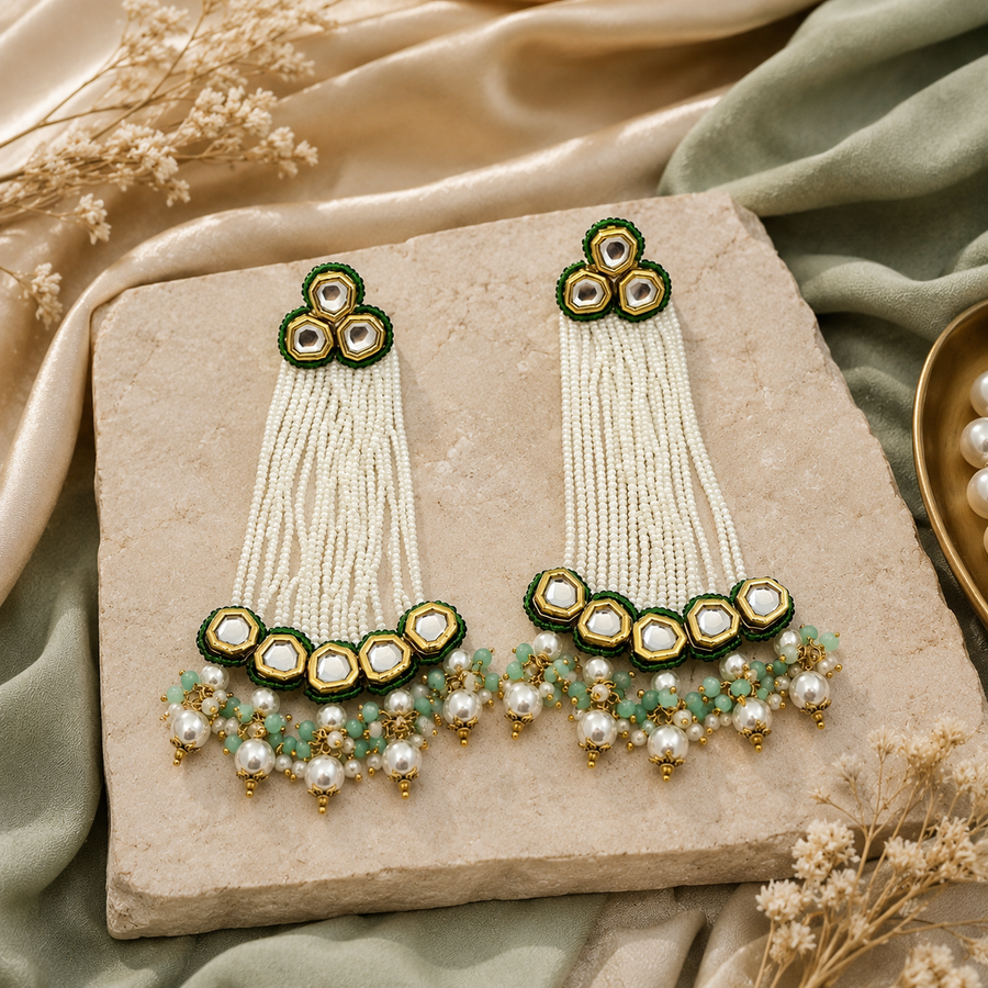 Green Pachi Kundan Pearl Tassel Statement Earrings