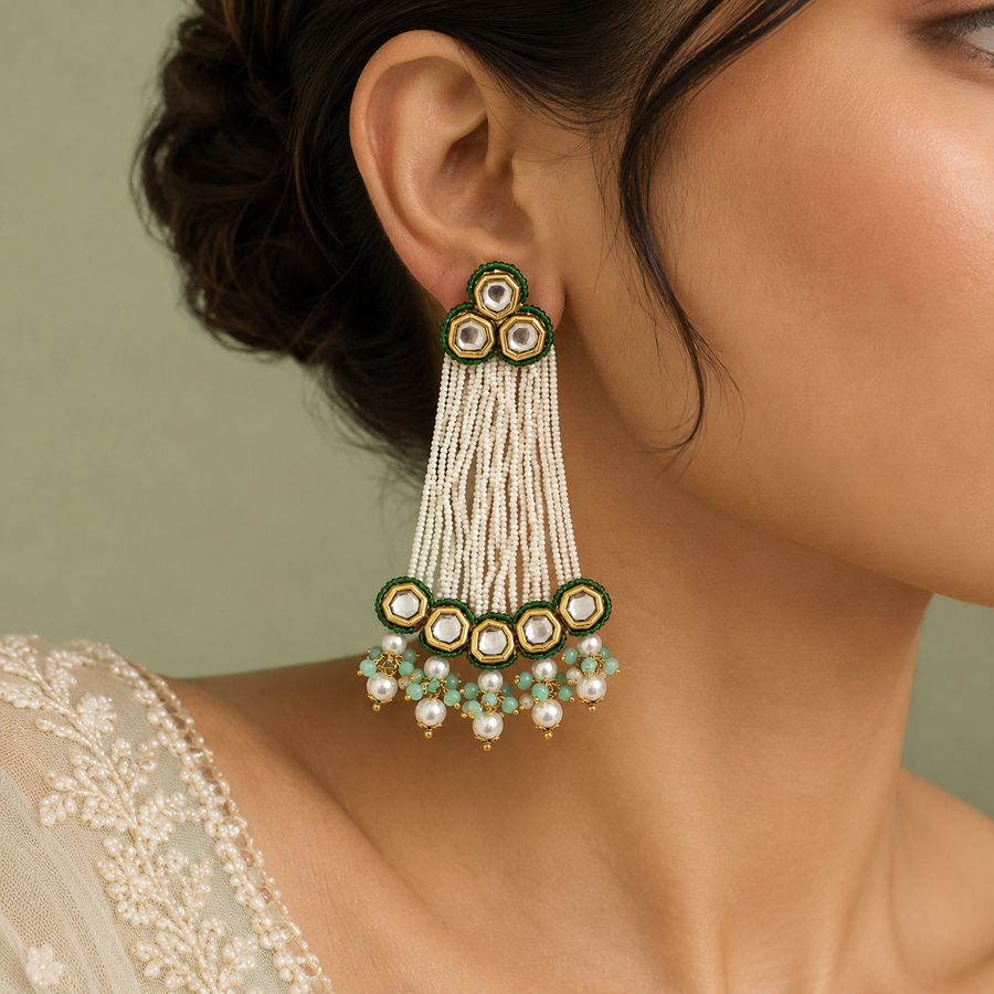 Green Pachi Kundan Pearl Tassel Statement Earrings
