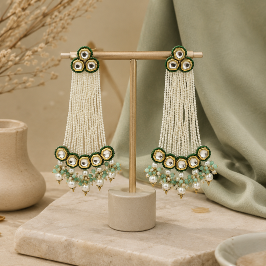 Green Pachi Kundan Pearl Tassel Statement Earrings