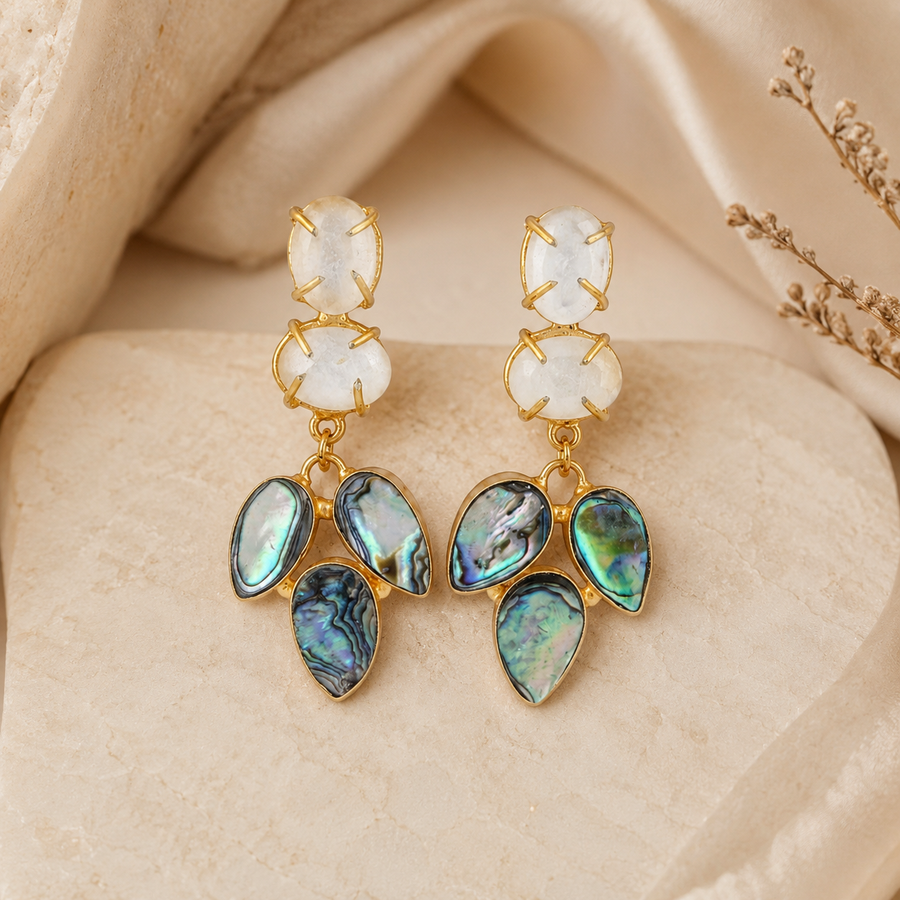 Abalone Shell & Milky Stone Gold Drop Earrings