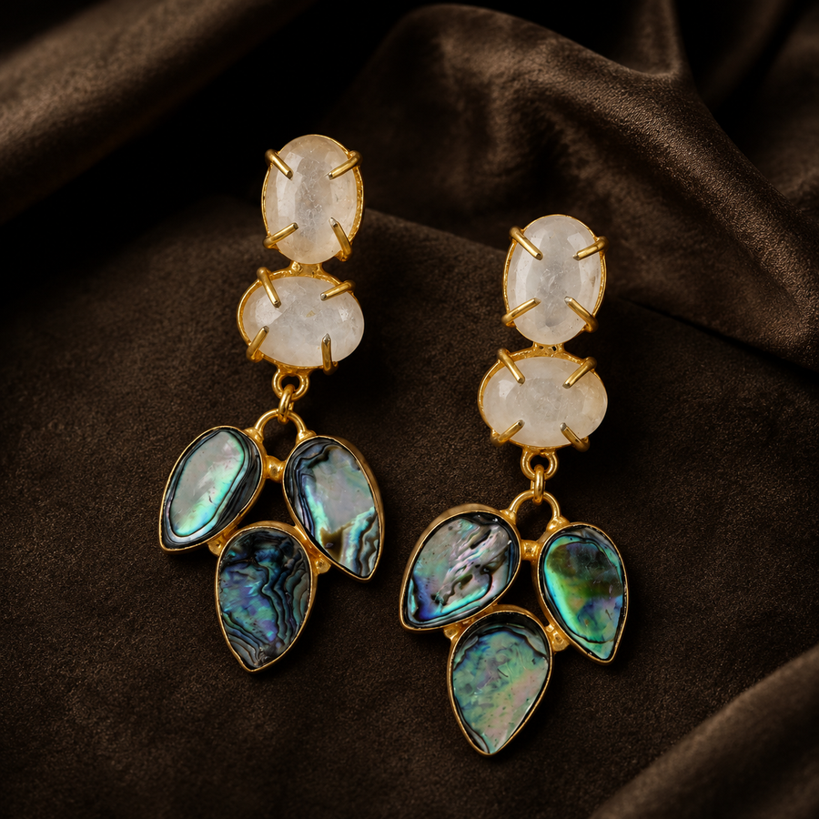 Abalone Shell & Milky Stone Gold Drop Earrings