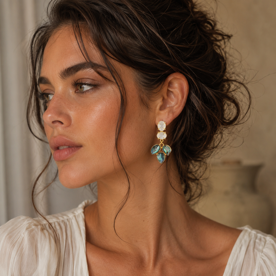 Abalone Shell & Milky Stone Gold Drop Earrings
