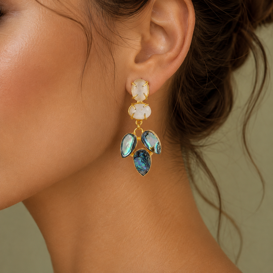 Abalone Shell & Milky Stone Gold Drop Earrings
