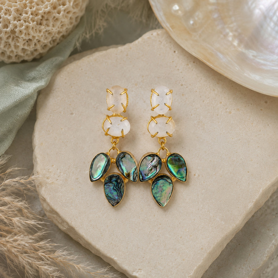 Abalone Shell & Milky Stone Gold Drop Earrings